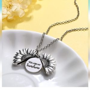 SILVER TONE Sunflower Necklace You Are My Sunshine Engraved Pendant Necklace